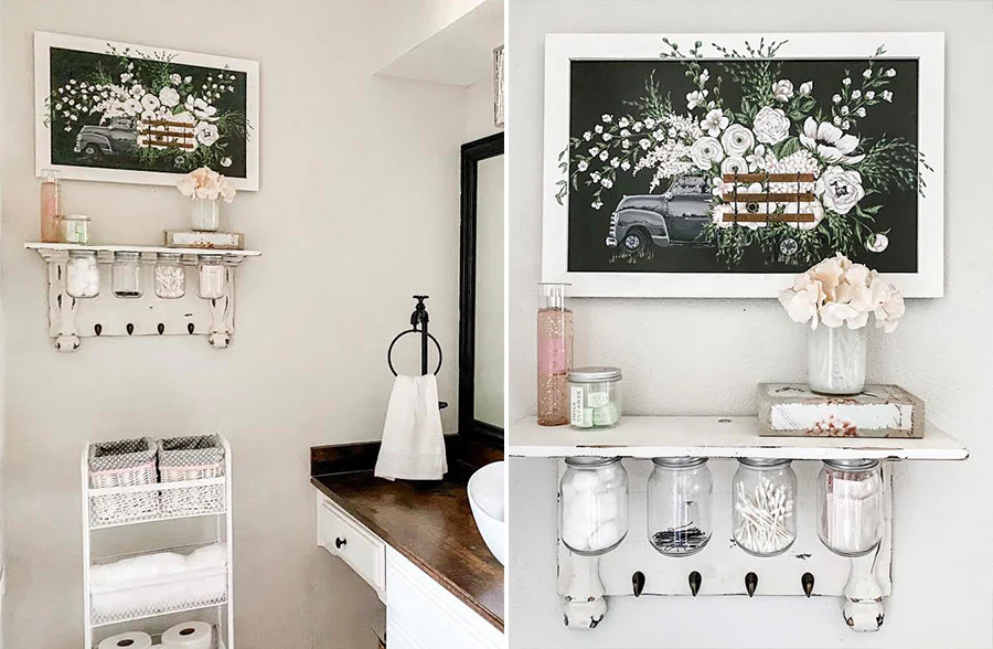 Chippy White Wooden Shelf with Hanging Mason Jars