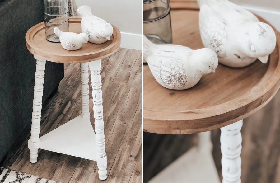 Distressed White Wood Round Accent Table with Removable Tray Top