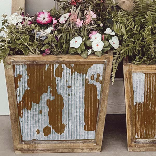 Distressed Corrugated Metal and Wood Planters, Set of 2