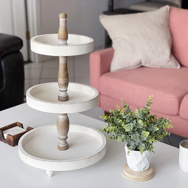 Distressed White Wood Tiered Tray