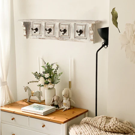 Distressed Whitewashed Wooden Shelf With Hooks