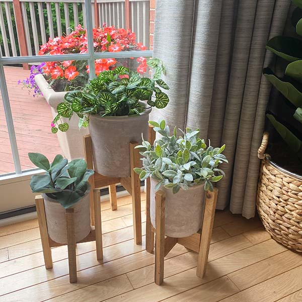 Handmade Clay Flower Pots with Recycled Wood Stands, Set of 3