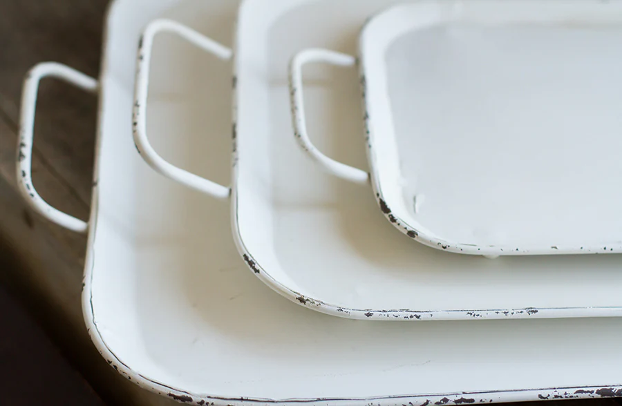 Distressed White Metal Trays, Set of 3