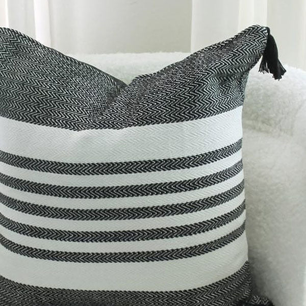 Black Striped Handloomed Throw Pillow with Tassels