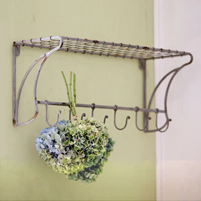 Distressed Wire Shelf with Coat Hooks