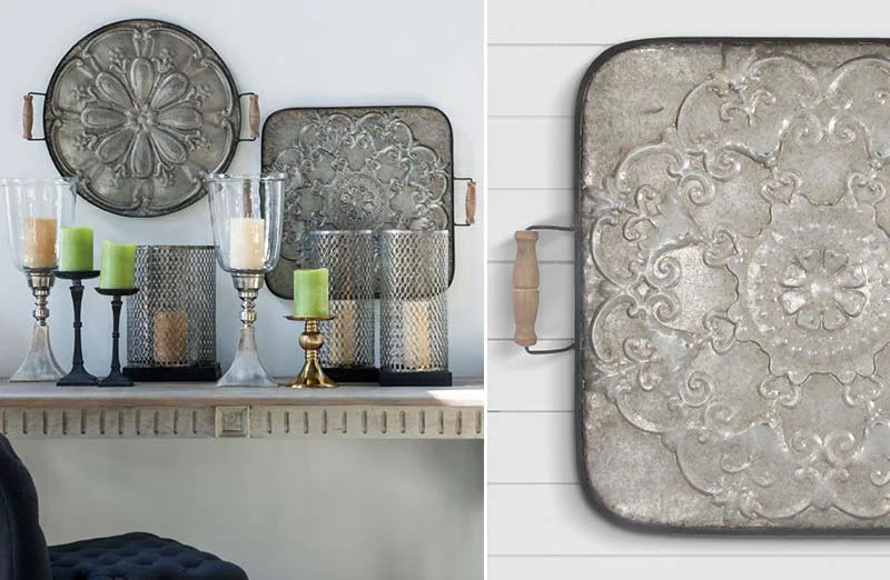 Square Embossed Metal Tray with Handles