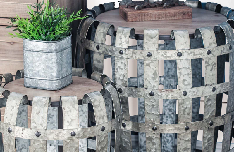 Woven Metal Drum Accent Table  Set of 2