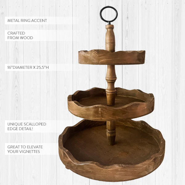 Wood Three Tier Round Serving Tray