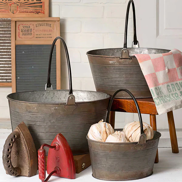 Distressed Round Buckets With Handles, Set of 3