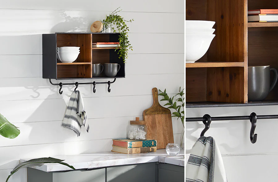 Wooden Cubby Shelf with Hook System