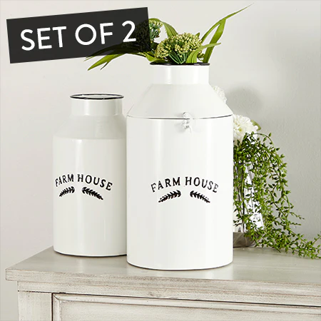 Chippy Enamel Farm House Milk Jugs, Set of 2