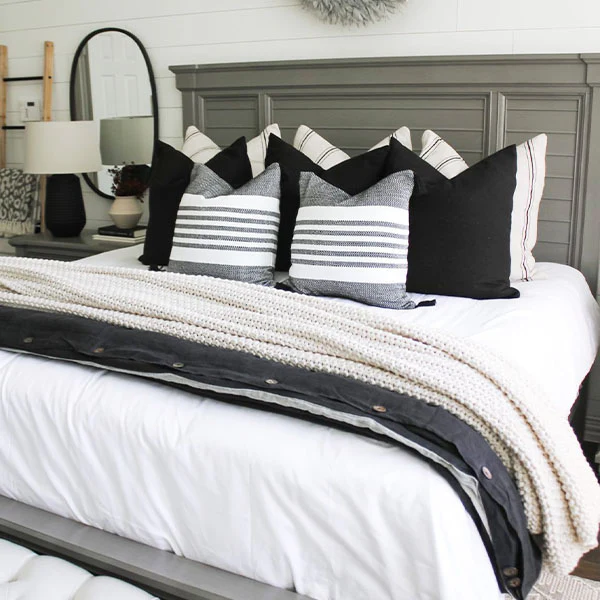 Black Striped Handloomed Throw Pillow with Tassels