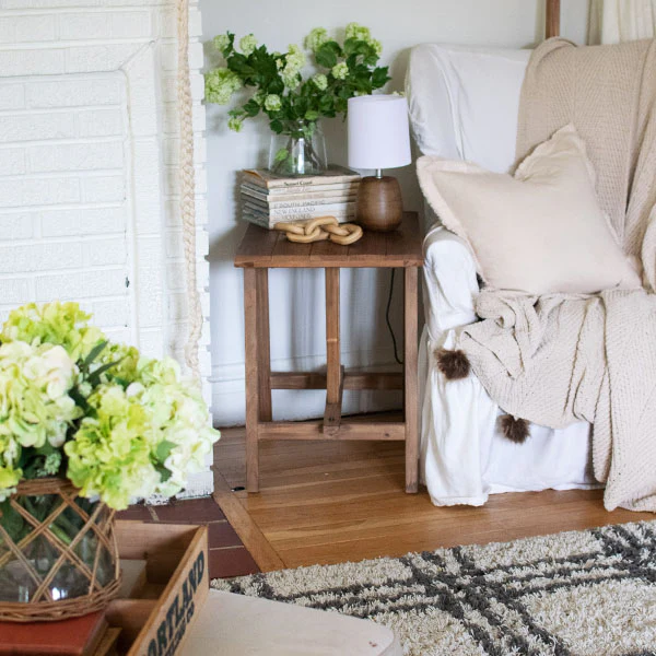 Reclaimed Wood End Table with Trestle Reinforced Sawhorse Base
