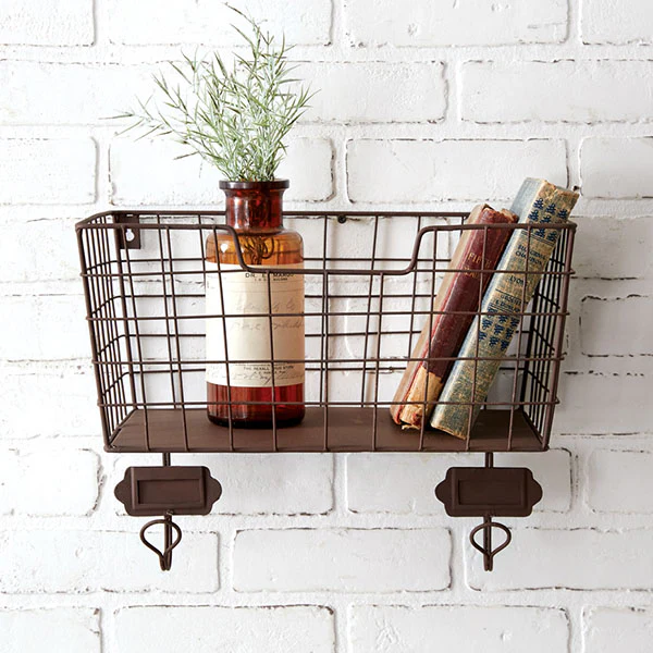 Rustic Mail Basket with Two Hooks