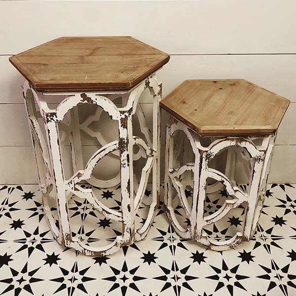Distressed Wooden Scalloped Side Tables, Set of 2 - DES Exclusive
