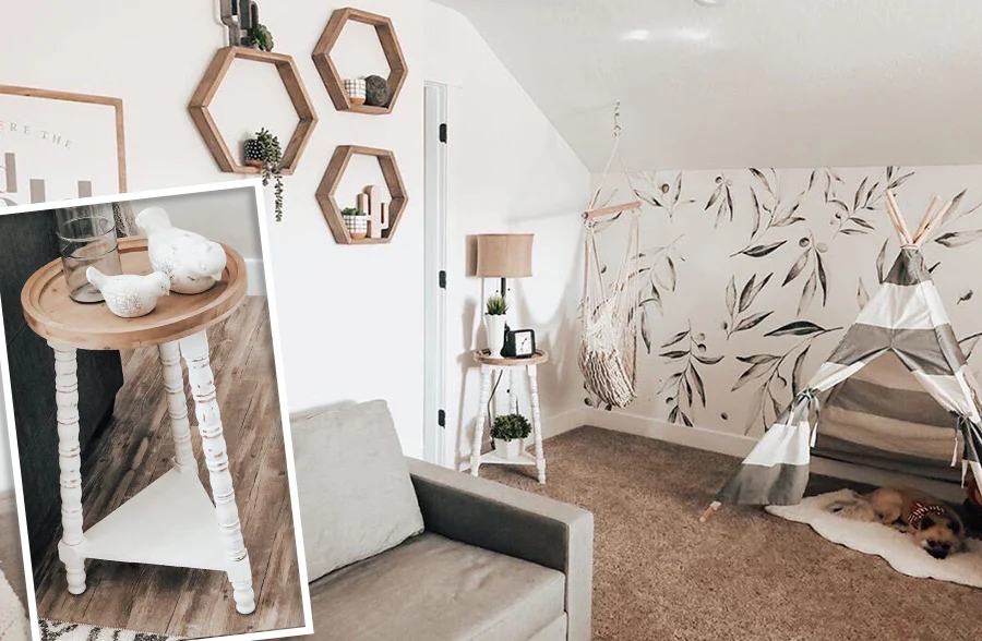 Distressed White Wood Round Accent Table with Removable Tray Top