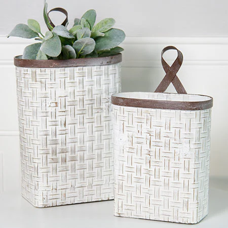 Whitewashed Woven Metal Hanging Baskets, Set of 2