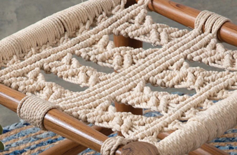 Macrame and Wooden Footstool