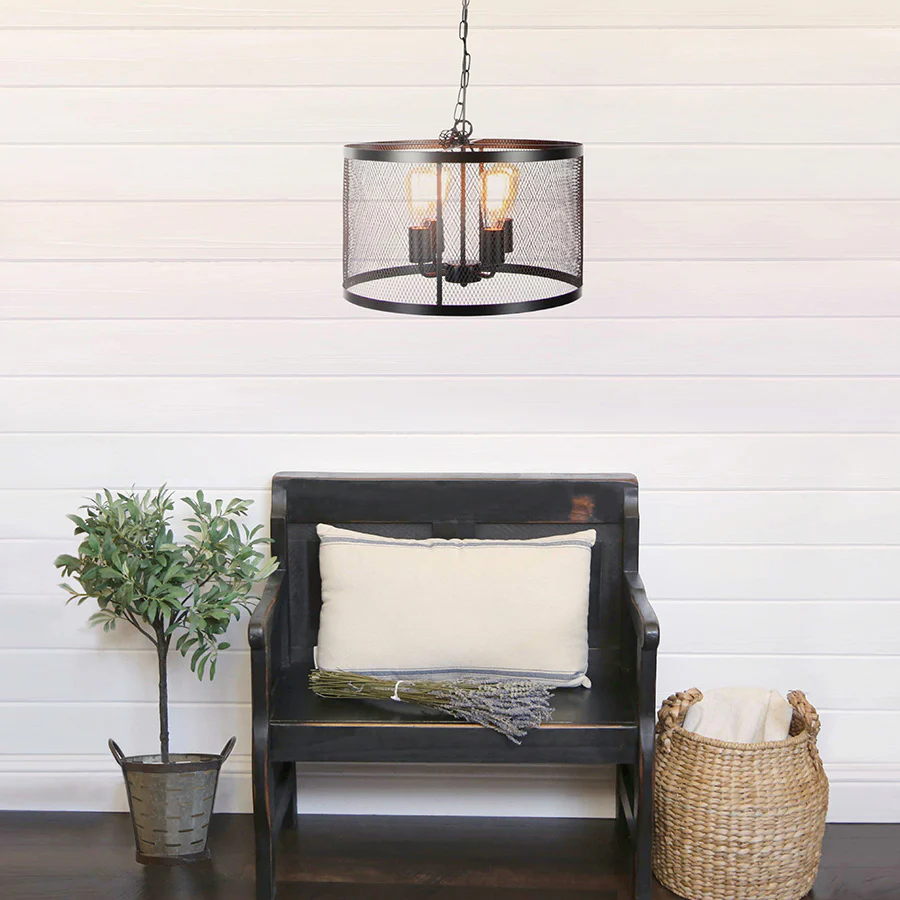 Iron Mesh Drum Pendant With Edison Bulbs