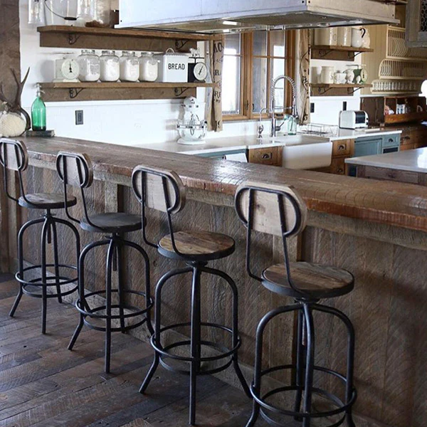 Distressed Natural Elm Wood Bar Stool With Back