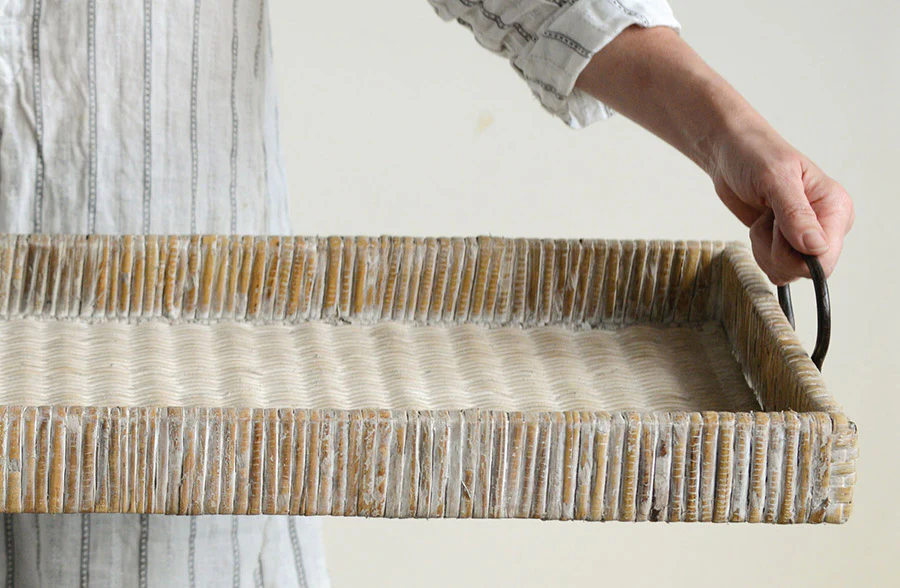 Oversized Natural Rattan Tray with Metal Handles