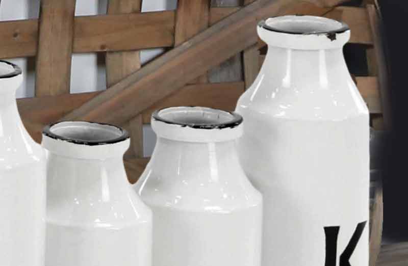 Distressed Enamel Milk Bottles With Wood Tray