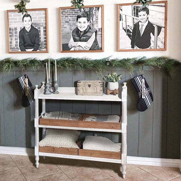 Whitewashed Spindle Table with Wooden Bins