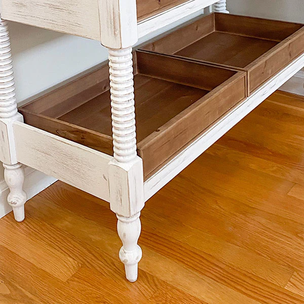 Whitewashed Spindle Table with Wooden Bins