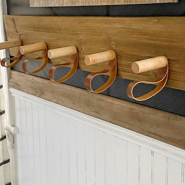 Rustic Wooden Peg and Leather Wall Hooks