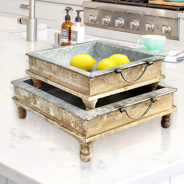 Galvanized Standing Metal Farmhouse Trays, Set of 2