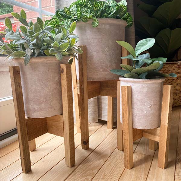 Handmade Clay Flower Pots with Recycled Wood Stands, Set of 3