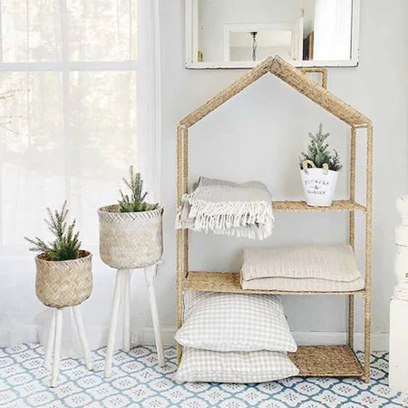 54 Inch House Shaped Seagrass Shelving Unit