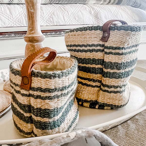 Hanging Jute Baskets with Leather Loops, Set of 2