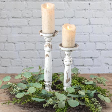 Chippy White Pillar Candle Holders, Set of 2