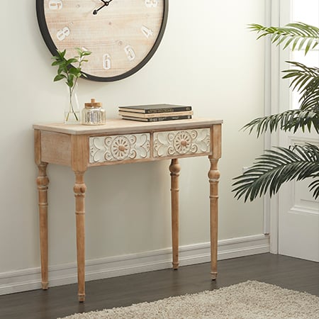 Ornate Carved Wooden Table with Drawers