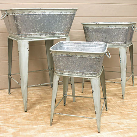 Distressed Finish Standing Galvanized Washtubs, Set of 3