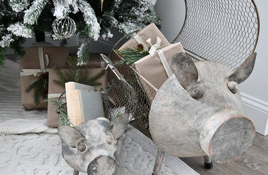 Galvanized Pig Storage Baskets, Set of 2