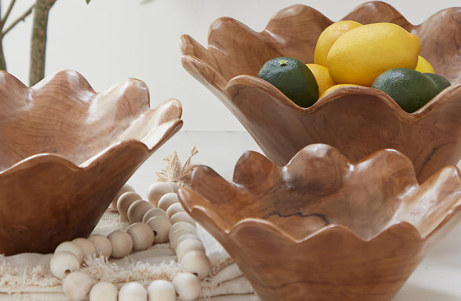 Scalloped Teak Bowls, Set of 3