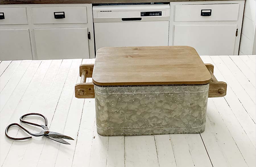 Galvanized Metal Storage Caddy with Wooden Lid