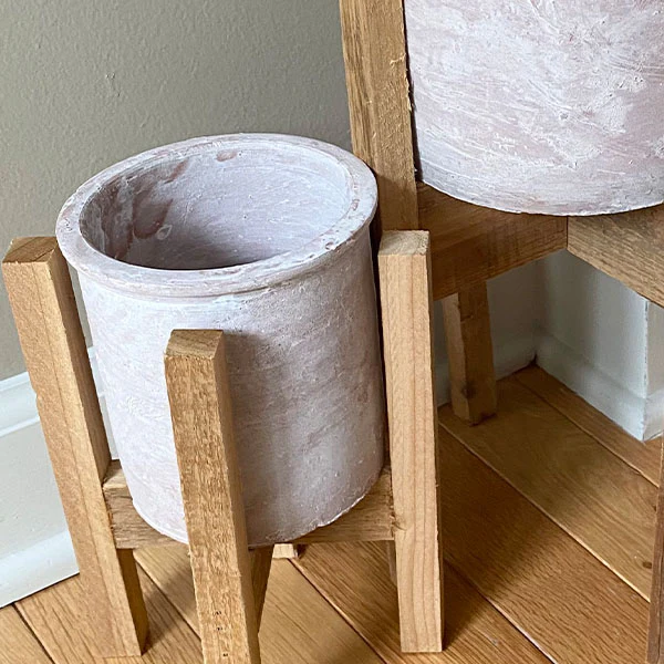 Handmade Clay Flower Pots with Recycled Wood Stands, Set of 3