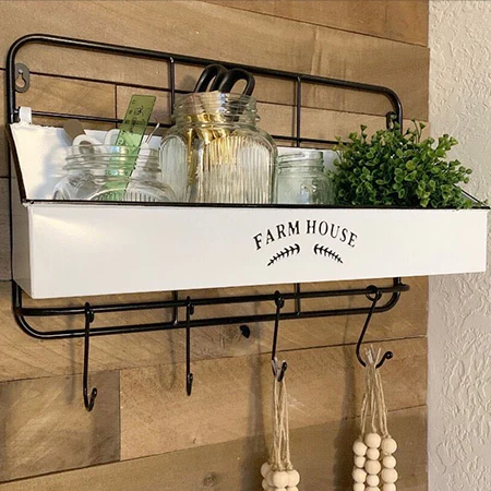 Enamel Wall Shelf with Hooks