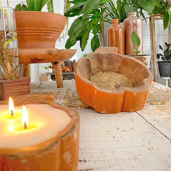 Hand-Carved Wooden Pumpkin Bowl with Candle