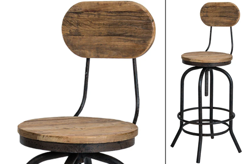 Distressed Natural Elm Wood Bar Stool With Back