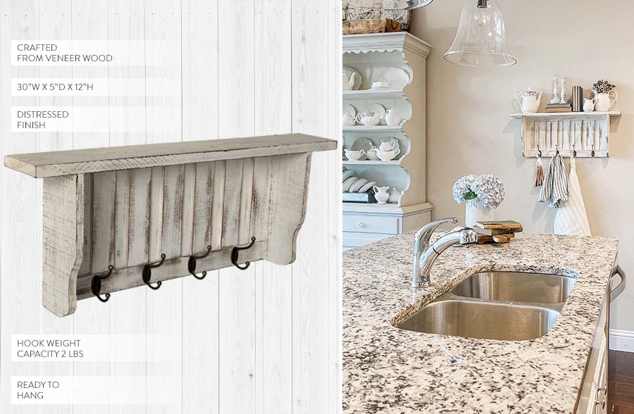 Distressed Mudroom Wall Shelf with Hooks