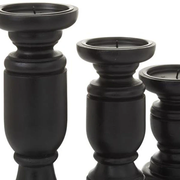Black Wooden Spindle Candle Holders, Set of 3