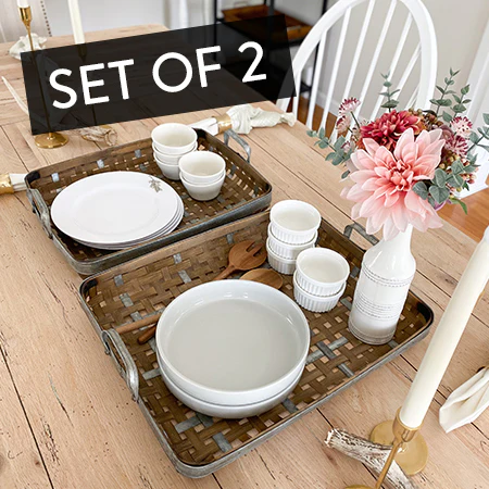 Woven Bamboo and Galvanized Metal Trays, Set of 2