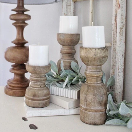 Chunky Wooden Spindle Candle Holders, Set of 3