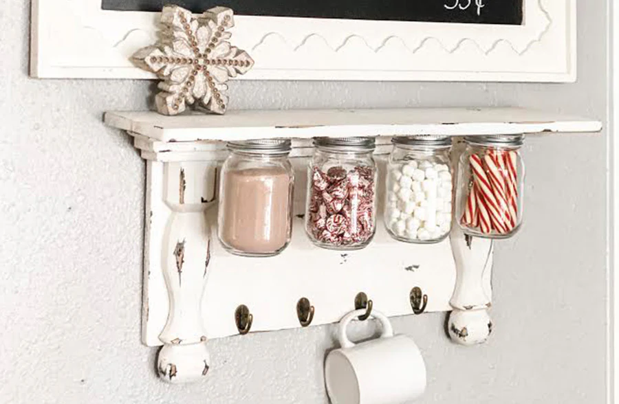 Chippy White Wooden Shelf with Hanging Mason Jars
