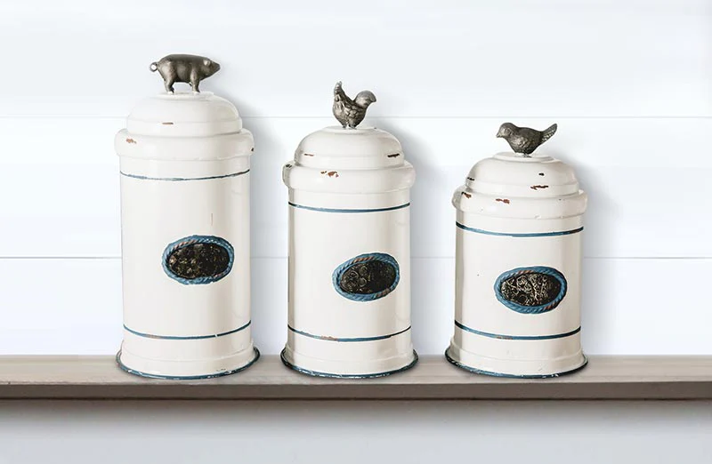 Enamel Inspired Farm Animal Kitchen Canisters  Set Of 3