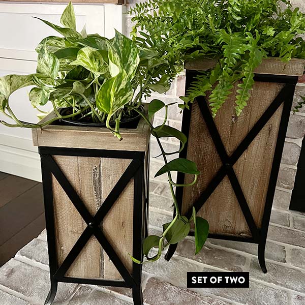 Tall Crisscross Wood and Metal Planters, Set of 2